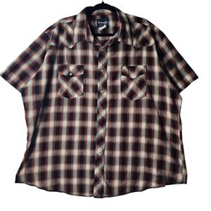 Vtg Wrangler 80s Mens Western  Short Sleeve Plaid Pearl Snap Shirt Black Red 2XL